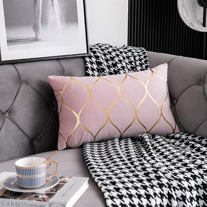 Gold Velvet Throw Pillow Covers: 2 Pack 12x20 Inch Rectangular Decorative Pillow Cases for Bedroom Sofa Couch Living Room, Pink