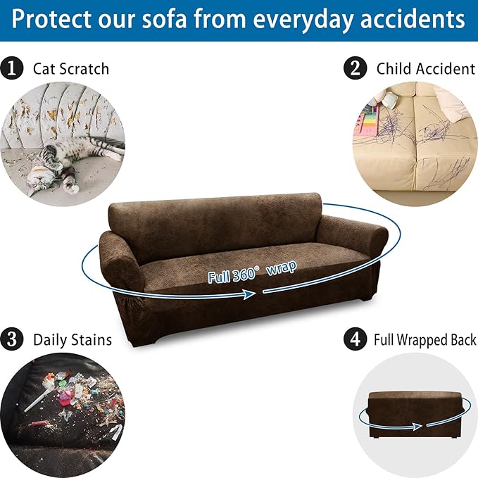 Oversized Sofa Slipcover Leather Look Couch Cover for 4 Seater Sofa 1-Piece Sofa Cover Stretch Furniture Protector with Elastic Bottom & Pockets(XL Sofa, Brown)