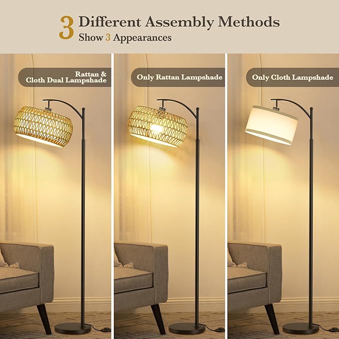 Arc Floor Lamps with Remote Control and Stepless Dimmable Color Temperature and Brightness Rattan Floor Lamps with Rattan and Cloth Dual Lampshade Standing Lamp for Living Room Bedroom, Black