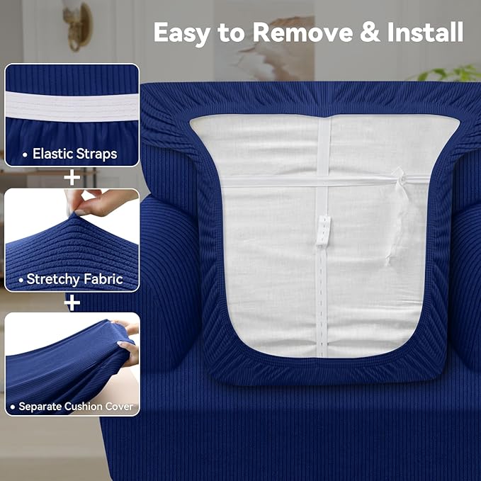Waterproof Chair Cover with Arms 2-Piece Set Striped Slipcover for 1 Separate T Cushion Couch - TPU Fabric Armchair Covers Leakproof Couch Protector for Kids, Pets(Chair, Navy)