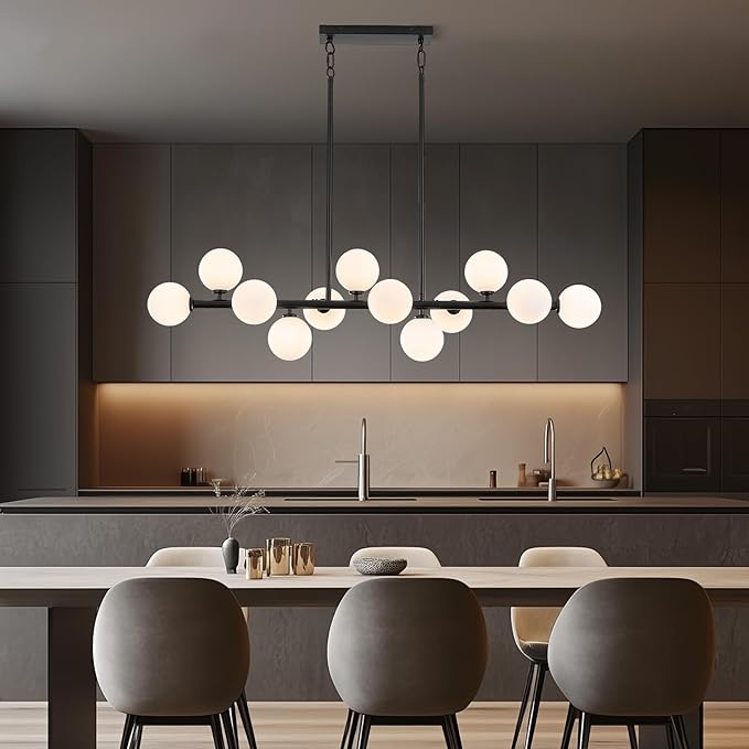50 Inch Large Globe Sputnik Chandelier, 12-Light Mid Century Modern Light Fixture Over Table, Black Linear Chandeliers for Dining Room Kitchen Island Living (Milk White Glass Bubble Shades)