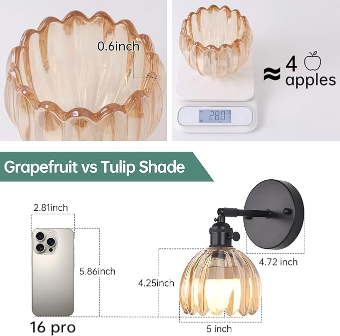 Vintage Battery Operated Wall Sconce with Amber Tulip Glass Lampshade Rechargeable Battery Powered Black Wall Light with Remote Control for Bedside Bedroom Doorway, Set of 2
