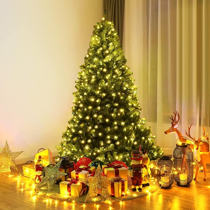 COSTWAY 6 FT Pre-lit Christmas Tree, Artificial Xmas Tree with 350 Warm White & Multicolored Lights, 11 Modes, 1000 Branch Tips, Metal Support, Holiday Decoration Fake Tree for Home, Office, Party