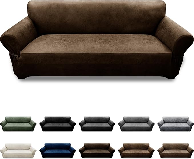 Couch Cover Leather Look 3 Seater Couch Sofa Cover 1-Piece Sofa Slipcover Stretch Furniture Protector with Elastic Bottom & Pockets(Sofa, Dark Brown)