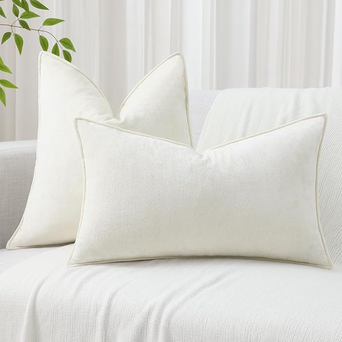 decorUhome Christmas Couch Throw Pillow Covers 16x16 Set of 2, Decorative Soft Euro Velvet Neutral Chenille Pillow Covers with Elegant Design for Sofa Bed Living Room Home Decor, Cream White