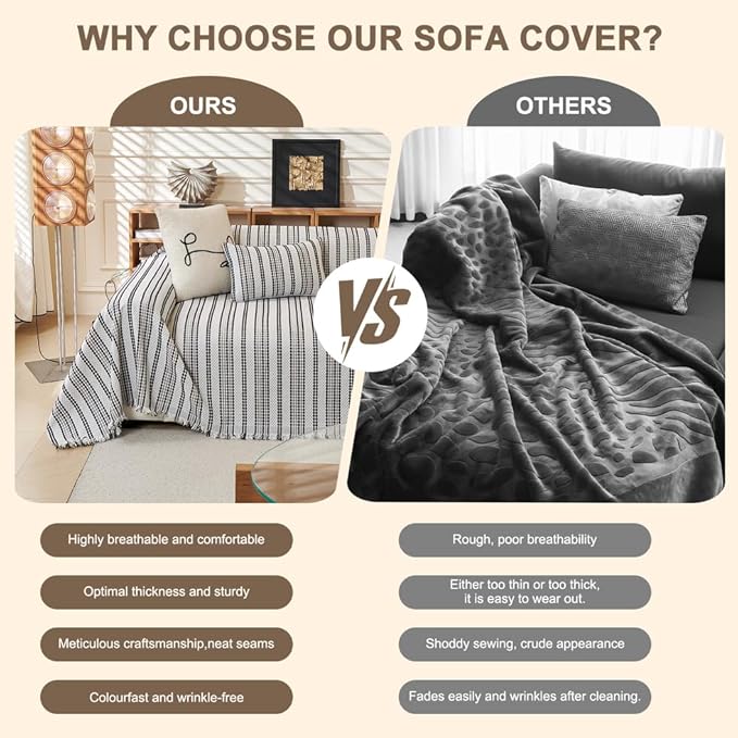 ROOMLIFE Thicked Striped Boho Black &Gray Couch Cover for 2-3 Cushion Sofa, Chenille Sofa Slipcovers Sectional Sofas Covers for Dog, Non Slip Washable Furniture Protector Soft with Tassel 71''X150''