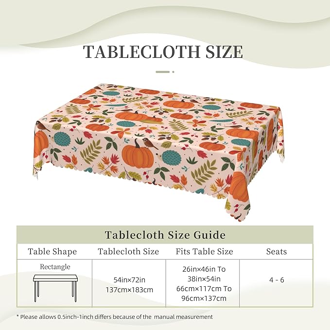 Fall Pumpkin Tablecloth Autumn Harvest Pumpkin Table Cloth Maple Leaf Thanksgiving Rectangle Tablecloth 54×72 Inch Washable Table Cover for Kitchen Dining Room Party Decoration