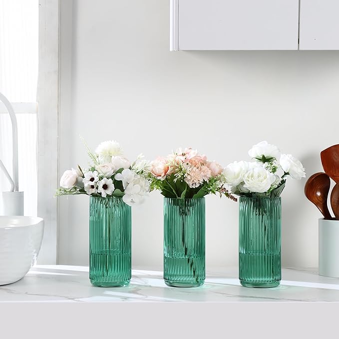 Green Glass Vases, Flower Vases Set of 3, Ribbed Glass Vase for Tulips, Tall Cylinder Glass Vases for Living Room, Bedroom, Dining Table, Office, Wedding, Bookshelf Decoration, 8 Inches