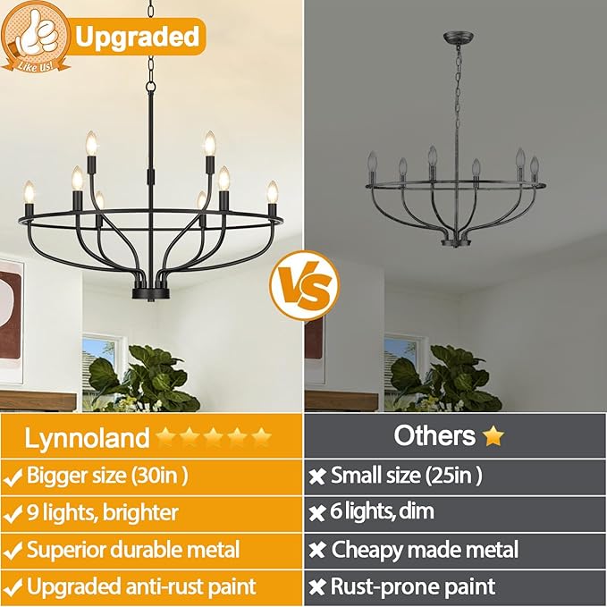 30" Black Chandelier, 9-Light Modern Farmhouse Chandelier for Dining Room Lighting Fixtures Hanging, Candle Chandelier Light for Living Room, Kitchen Island, Bedroom, E12(Bulbs Not Included)