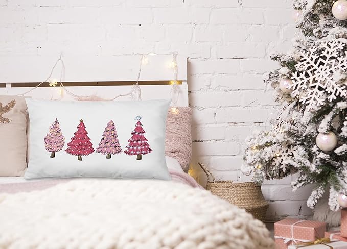 KEUSPI Pink Christmas Decor Pink Christmas Pillows Covers 12x20, Pink Christmas Decorations Christmas Pink Decor,Christmas Tree Pillow Covers,Pink Christmas Tree Decor for Christmas Bedroom Decor