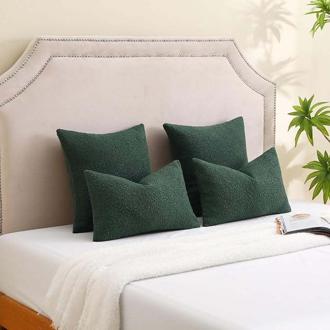 FUTEI Christmas Pack of 2 Dark Green Decorative Throw Pillow Covers 16x16 Inch Soft Cozy Solid Boucle Textured Cushion Case,Modern Home Decor for Couch Bed Living Room