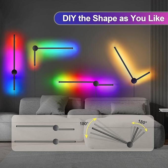 RGB LED Wall Sconces Set of Two with Remote, 15 Color Modes, Dimming, DIY 180° Rotate, Black Plug in Wall Sconces with Warm Light, Dynamic Multicolor Ambience Lights, Plug in Wall Light, 23.6 Inches