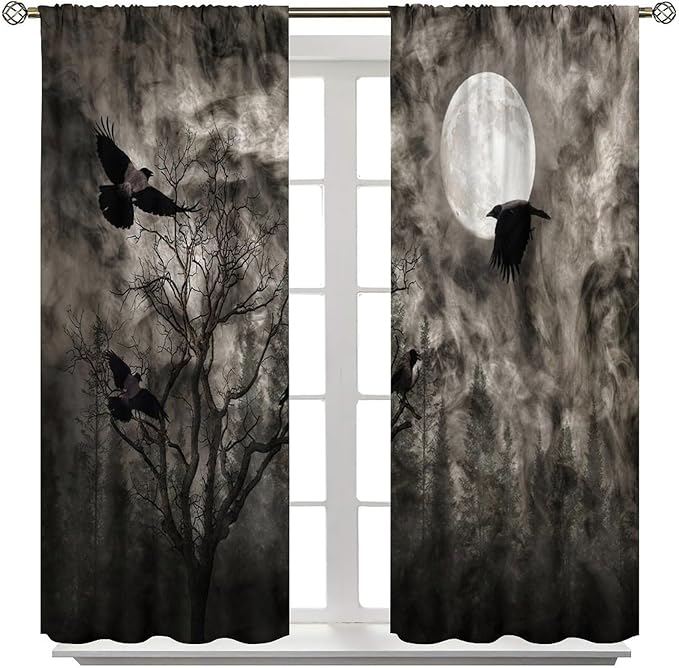 Gothic Crow Blackout Window Curtains, Gothic Style Dark Sky Full Moon Raven Halloween Pattern Window Drapes, for Home Bedroom Living Room 27.5(W)*63(L) 2 Panels
