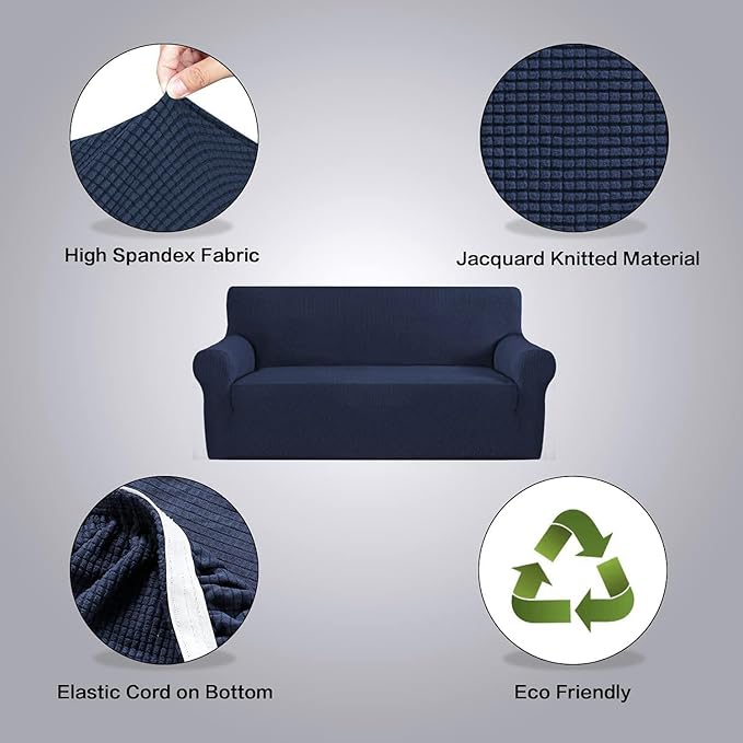 H.VERSAILTEX Stretch Couch Covers for Sofa 1 Piece Slipcovers for Couches and Sofas 3 Seater Couch Cover Feature Thick Checked Jacquard Fabric with Elastic Bottom(Large Sofa 90"-100" Wide, Navy)