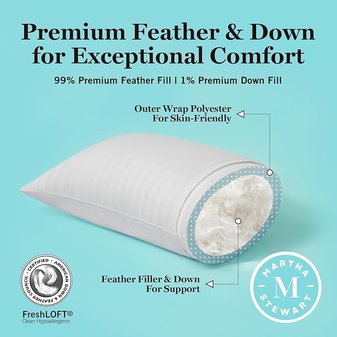 Martha Stewart Hotel Collection Pillow 500 Thread Count Damask Stripe Embroidered Feathers Soft Hypoallergenic 100% Cotton King Size Set of 2