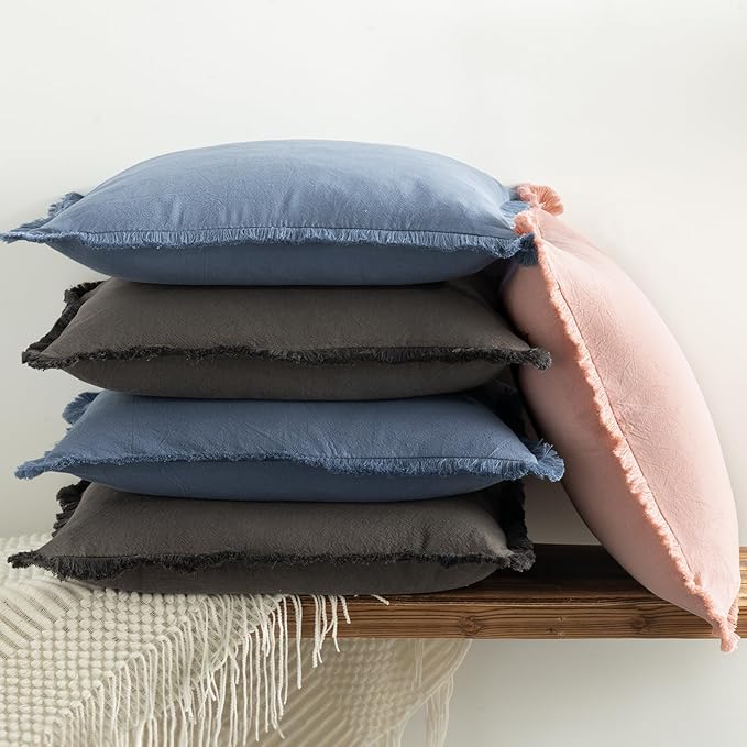 ZWJD Pillow Covers 18x18 Set of 2 Blue Throw Pillow Covers with Fringe Chic Cotton Decorative Pillows Square Cushion Covers for Sofa Couch Bed Living Room Farmhouse Boho Decor