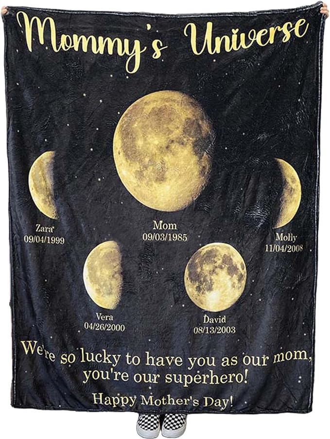 Personalized Moon Phase Throw Blanket Custom Mommy's Universe Moon Phase Fleece Blanket with Family Name Birthdate Wearable Blanket Gift for Mom Dad Father's Day Mother's Day Christmas