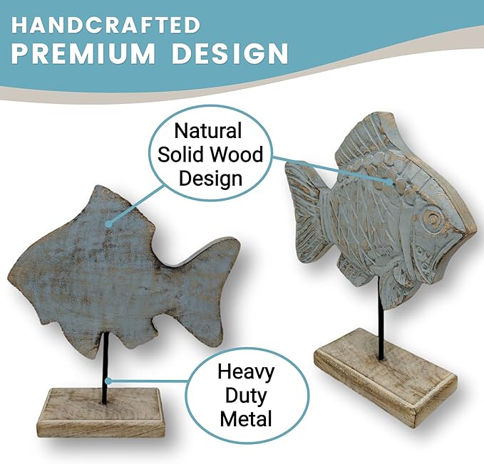 Farmhouse World Wooden Fish Sculpture Home Decor | Handmade Fish Statue on Base Stand Sea Nautical Beach House Decor Art Piece | Rustic Centerpiece Table Decor for Office, Living Room (Damsel Fish)