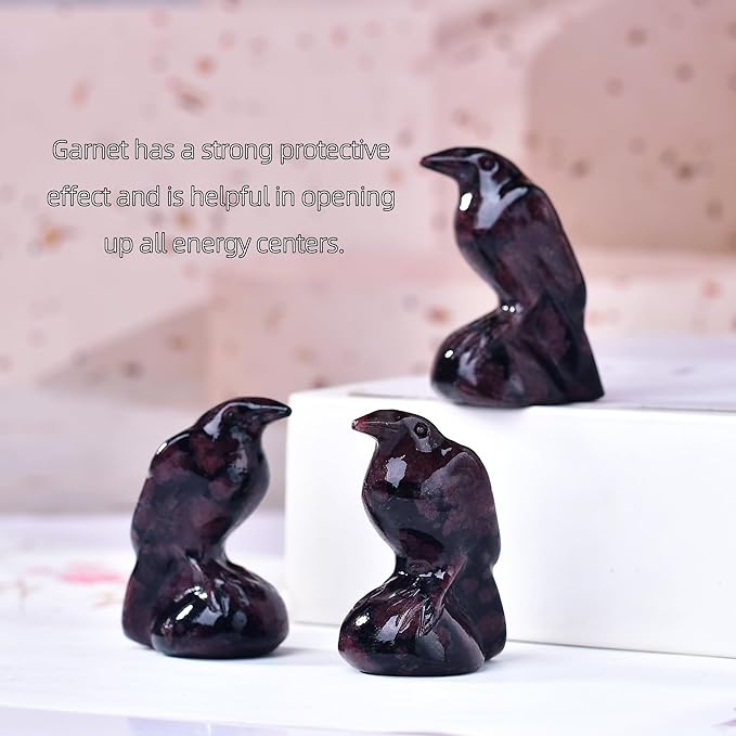 Natural Garnet Crystal Raven Statue 2" Healing Crystal Handmade Sculpture Lucky Guardian Pocket Statues Reiki Meditation Office Home Decoration Gift