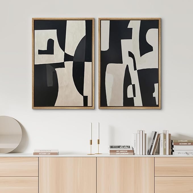 SIGNWIN Framed Canvas Print Wall Art Set Black and Beige Abstract Geometric Modern Bold Minimalist Illustrations Minimal Decorative Zen Bohemian for Living Room, Bedroom, Office - 16"x24"x2 Natural