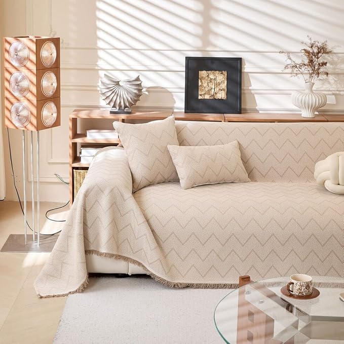ROOMLIFE Boho Khaki Couch Covers for 3 Cushion Sofa, Couch Cover Sectional Sofa Cover for Dog, Washable Furniture Sofa Protector Cover Soft Blanket with Tassel for Living Room, 71''X118''