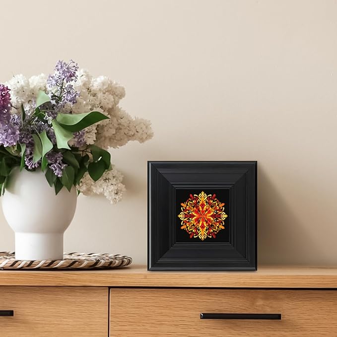 Brivoria Mandala Wall Art Home Decor, Framed Orange and Red Autumn Blaze Mandala Artwork, Modern Spiritual Accent for Meditation Corner Desk Shelf or Bedroom, Warm Wall and Tabletop Display, 8x8