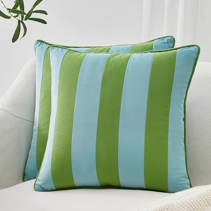 MONDAY MOOSE Decorative Throw Pillow Covers Cushion Cases, Set of 2 Soft Velvet Striped Piping Edge Designs, Pillow Inserts Not Included (Light Green/Light Blue, 18x18 inch)