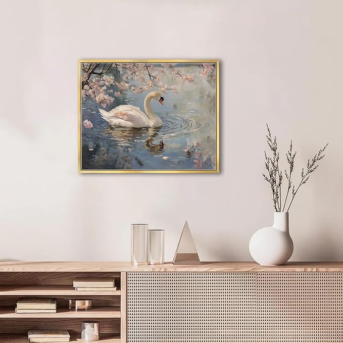 AIMAILON Vintage Gold Canvas Wall Art Framed Decor for Living Room Gallery White Swan Animal Print Pictures Classical Pink Flower Lake Background Aesthetic Artwork Home Decoration 16x20