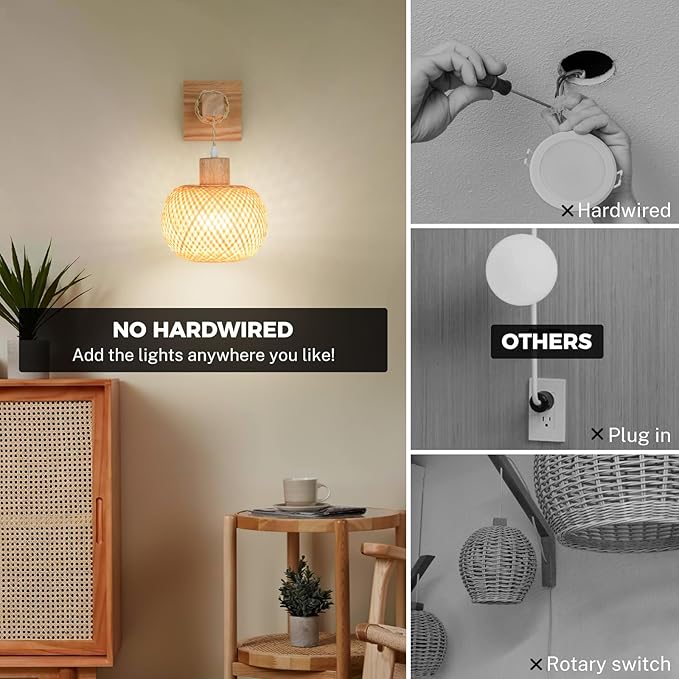 Battery Operated Wall Sconce with Remote Set of 2, Rechargeable Boho Wall Sconces with 8000mAh Bulbs, Woven Bamboo Wall Light/Lamp Rattan Wall Sconce for Bedroom