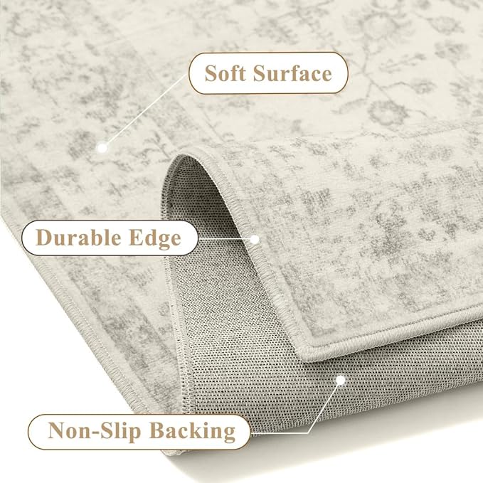 2x3 Grey Entryway Area Rug Machine Washable Door Mat Kitchen Vintage Distressed Non Slip Carpet Indoor Retro Floral Accent Throw Small Rug for Bathroom Office Bedroom Living Dining Room