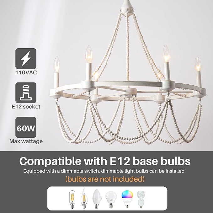 COCOSTAR 28 Inch White Beaded Chandelier Bohemian Style, 6-Light Retro Wood Country Chandelier, Farmhouse Chandeliers for Dining Room, White with Gold, (Bulb Not Included)