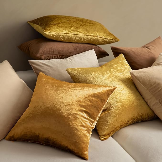 MIULEE 24x24 Inch Euro Sham Velvet Pillow Covers, Set of 2 Large Square Decorative Pillows -Golden Super Soft for King Bed, Sofa, Couch, Accent Chairs with Hidden Zipper