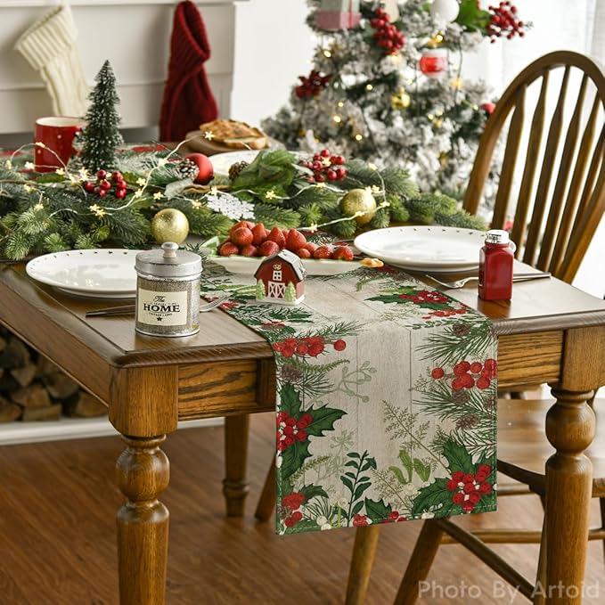 Artoid Mode Holly Fir Wood Pine Cone Leaves Christmas Table Runner, Seasonal Winter Holiday Kitchen Dining Table Decoration for Home Party Decor 13x120 Inch