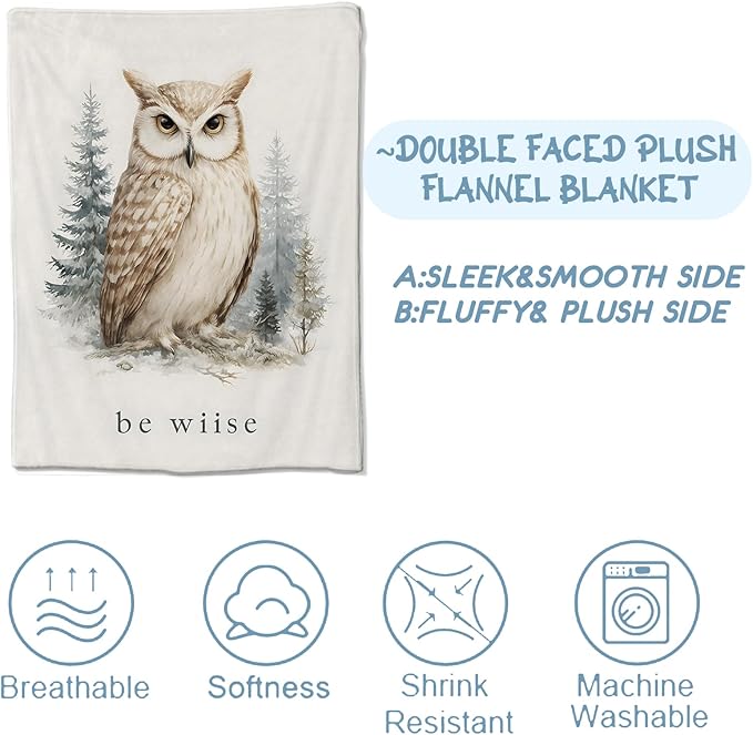 Watercolor Owl Blanket,Inspirational Gifts for Animal Lovers,Soft Lightweight Flannel Throw Blankets,Realistic Bird Forest Throws Home Decor,for Camping Living Room Office,60x50inch
