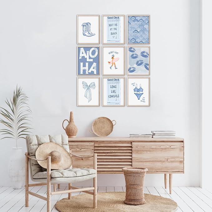 Kizbok Coastal Cowgirl Room Decor, Coastal Granddaughter Room Decor, Blue Surf Up Beachy Wall Decor Preppy Aesthetic Pictures, Trendy Beach Wall Art Boho Cowgirl Posters for Teen Girl Dorm Apartment Decor (Set of 9, Unframed)