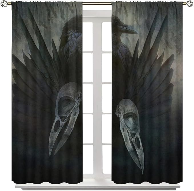 Gothic Blackout Window Curtains, Halloween Black Raven Crow Black Dark Wings Rod Pocket Window Treatments Drapes, for Living Room Bedroom 21(W)*45(L) 2 Panels