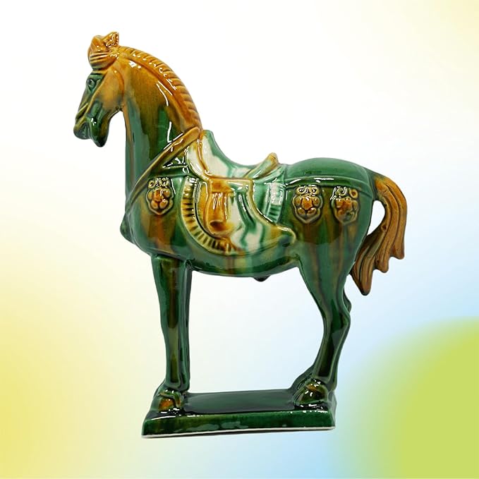 Handmade -Tang Dynasty Tri-Color Horse Sculpture Wemings Ceramic Horse-19cm Cultural Art Piece for Home,Bookcase or Office Decor (Green)