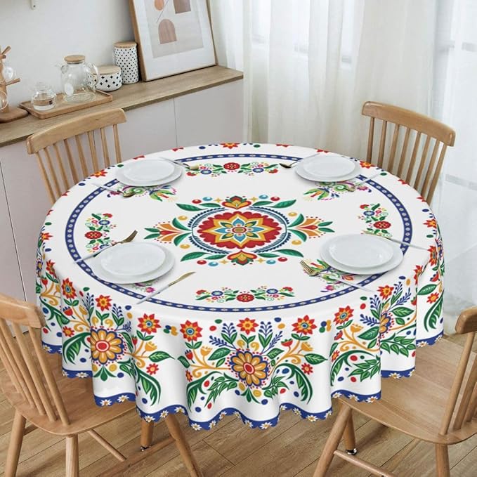 Mexican Round Tablecloth, Traditional Floral Bird Dia De Los Muertos Azulejo Mosaic Mexico Water Resisitant Table Cover for Dining Kitchen Living Room Home Party Holiday Decor 36 inch Round