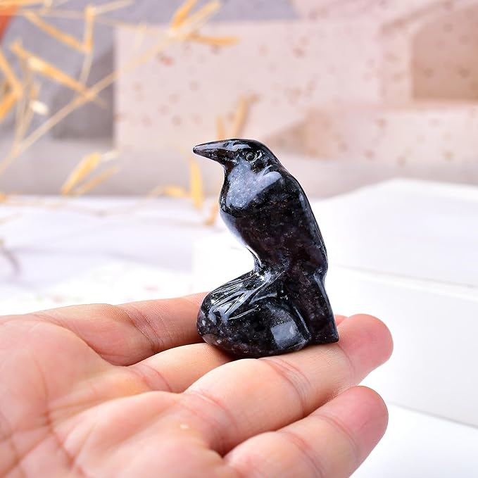 Natural Flame Stone Crystal Raven Statue 2" Healing Crystal Handmade Sculpture Guardian Pocket Statues Reiki Meditation Office Home Decoration Gift