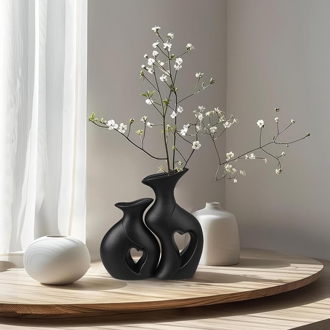 Heart Ceramic Vase Set of 2, Black Flower Vases for Lovers, Modern Minimalist Vases for Home Decor or Gift