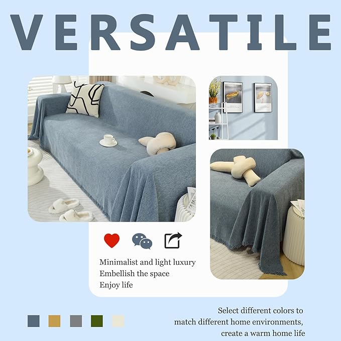 DREAMINGO Modern Minimalism Couch Cover Pets Loveseat Protector Greyish Blue Chenille Sofa Covers for Sectional 3 Seat Couch Boho Herringbone Furniture Cover Throw Sofa Slipcover, 71"x118"