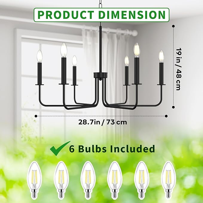 Farmhouse Chandelier with 6 E12 Candelabra Bulbs, 6-Light Metal Hanging Ceiling Light Fixture for Dining Room, Kitchen Island, Living Room, Entryway, Foyer-Matte Black