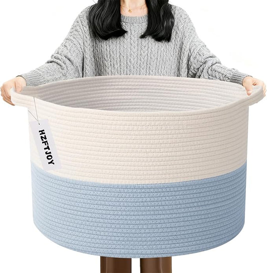 Large Blanket Basket for Organizing,115L Closet Organizers and Storage Bins Box for Shelves Woven Rope Storage Baskets,Living Room,Bedroom,Dorm,Laundry room (White&Blue)