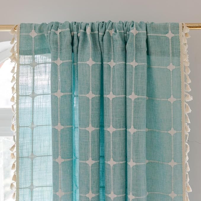 Sutuo Home Boho Curtains 96 Inches Long for Bedroom Living Room, Semi Blackout Linen Plaids Farmhouse Tassels Window Treatment Bohemian Embroidery Drape,Rod Pocket 1 Panel 52" W x 96" L, Aqua Blue