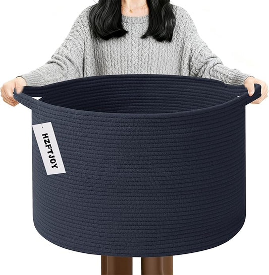 Large Blanket Basket for Organizing,65L Closet Organizers and Storage Bins Box for Shelves Woven Rope Storage Baskets,Living Room,Bedroom,Dorm,Laundry room (Dark Blue)