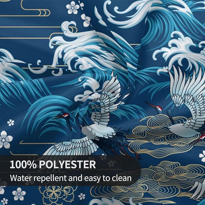 Japanese Tablecloth, Blue Traditioanal Chinese Landscape Great Waves Oriental Vintage Cherry Blossom Water Resisitant Table Cover for Dining Kitchen Living Room Home Party Holiday Decor 60 inch Round