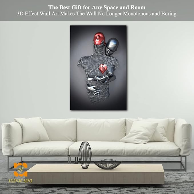 3D Wall Art - Love Heart 3D Metal Canvas Art, Silver 3D Metal Canvas Art 3D Canvas Art Wall Decor for Modern Living Room, Framed Romantic Couple Living Room Canvas Wall Art 28”x40”x1Pcs