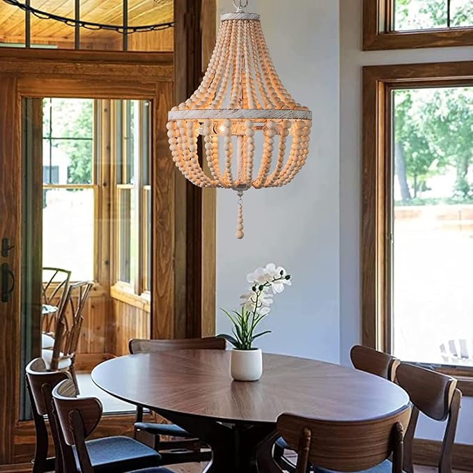3-Light Mini Wood Beaded Boho Plug in Chandelier Dimmable and Timer Pendant Light Fixture with Swag Cord Antique Metal Finish Natural Color Beads for Dining Room Girls Bedroom Living Room Foyer