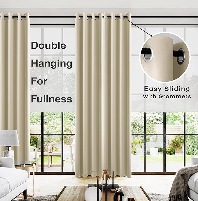 KOUFALL Beige Blackout Curtains 2 Panels,Black Out Room Darkening Grommet Bobo Eclectic Curtains for Living Room with Rings,52x102 Inches Long