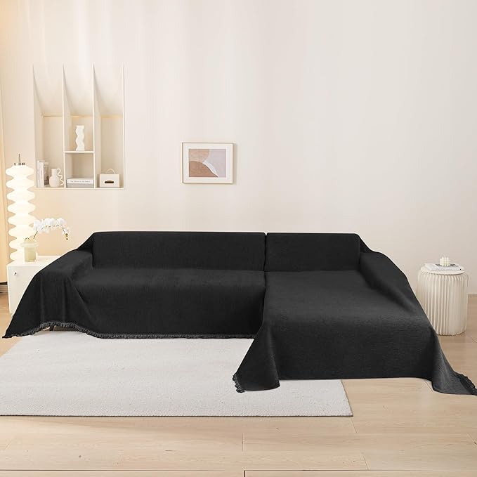 MEETSKY Sectional Couch Covers for Sofa, Black Couch Cover for 2 Cushion Couch Sofa, Chenille Pet Sofa Slipcover for L Shaped Couch Love Seat Pets Protector Furniture, 71" x 118"